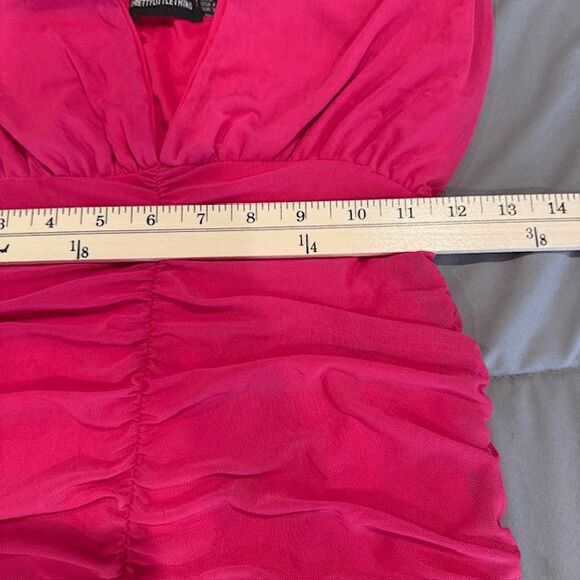 Pretty Little Thing Pink Mesh Extreme Plunge Ruched Bodycon Dress Halter Size 4 - Picture 10 of 12